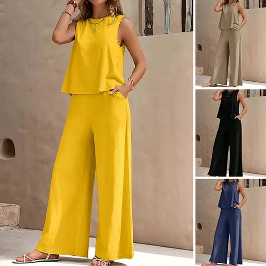 Completo da donna a due pezzi in tinta unita, composto da gilet con scollo rotondo e pantaloni a gamba larga