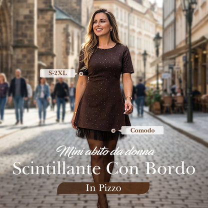 🔥Offerte speciali - Abito mini da donna con maniche corte e bordi in pizzo scintillante | Elegante e brillante
