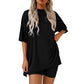 PRETTYGARDEN Crewneck Two-Piece Set For Women Summer Casual Oversized Split Hem Shirts & Side Pocket Biker Shorts Minimalist Lounge Wear Soft Viscose Fabric Comfy Homewear Cozy Pjs