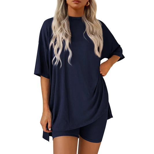 PRETTYGARDEN Crewneck Two-Piece Set For Women Summer Casual Oversized Split Hem Shirts & Side Pocket Biker Shorts Minimalist Lounge Wear Soft Viscose Fabric Comfy Homewear Cozy Pjs