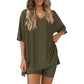 PRETTYGARDEN Crewneck Two-Piece Set For Women Summer Casual Oversized Split Hem Shirts & Side Pocket Biker Shorts Minimalist Lounge Wear Soft Viscose Fabric Comfy Homewear Cozy Pjs