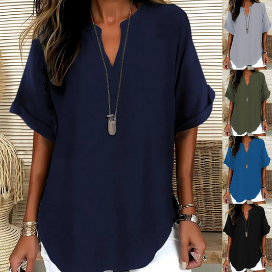 👚SCONTO DEL 50%! 🔥Top alla moda a maniche corte, ampio, con scollo a V profondo, orlo asimmetrico e tessuto leggero (5 colori, taglie dalla S alla 2XL) 🌸