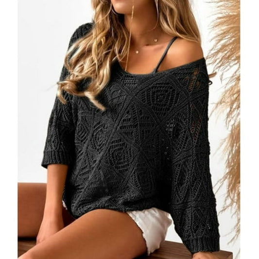 🧶Maglione estivo da donna lavorato all'uncinetto con maniche a 3/4 traforate