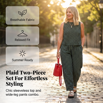 👚 60% OFF NOW! 🌞 Summer Gingham Print Tank & Trousers Outfit – Lightweight, Breathable & Perfect for a Stylish Look 💃