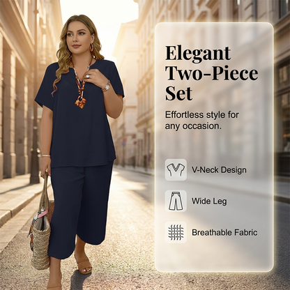 Completo da donna casual composto da top a maniche corte e pantaloni a gamba larga.