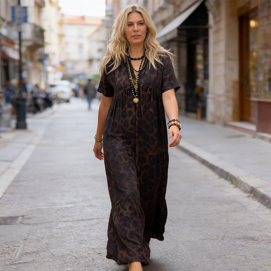 Abito lungo da donna con scollo a V e stampa leopardata