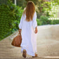 Abito lungo da donna minimalista in cotone e lino con scollo a V