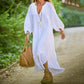 Abito lungo da donna minimalista in cotone e lino con scollo a V