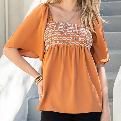 【S-2XL】🍂Square Neck Smocked Bust Flutter Sleeve Top