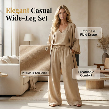 Elegante completo composto da pantaloni a gamba larga e cardigan