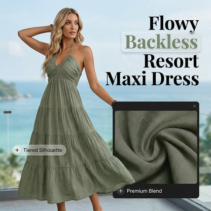 🏝️👗 Sconto del 50%!! ☀️ Maxi abito da donna a balze, scollatura all'americana e schiena scoperta