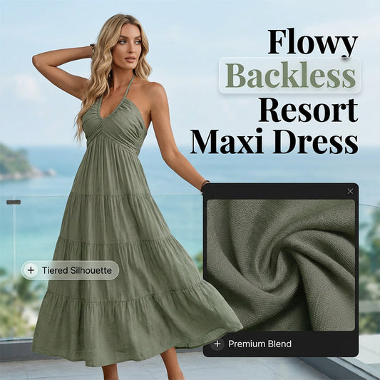 🏝️👗 Sconto del 50%!! ☀️ Maxi abito da donna a balze, scollatura all'americana e schiena scoperta