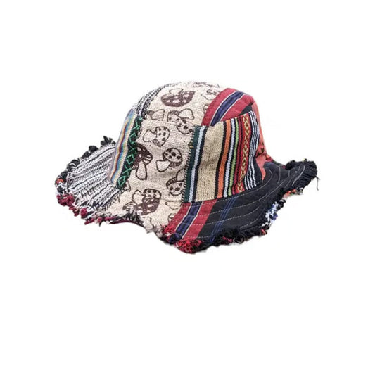 Cappello in canapa con motivo patchwork a funghi multicolori e tasca