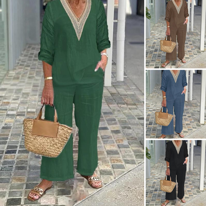 🔥 SCONTO DEL 50% A TEMPO LIMITATO! ⏰ Top da donna con scollo a V e pantaloni a gamba larga