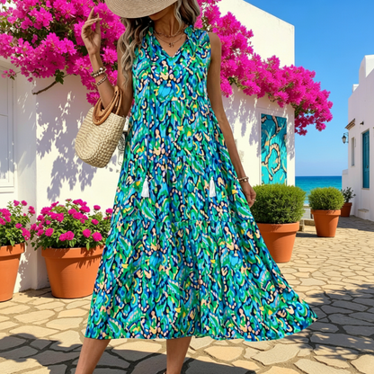Women's Sleeveless Abstract Print Tiered Midi Dress