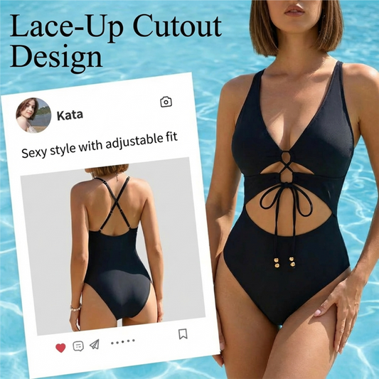 Lace-Up Front Monokini Beachwear with Cutouts