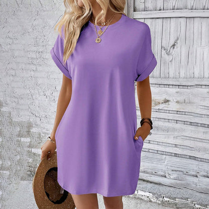 Solid Color Crew Neck Loose Tunic Dress