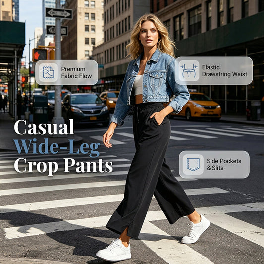 👖Women's Casual Wide-Leg Crop Pants – Breathable Soft Fabric, Deep Pockets, Elastic Drawstring Waist – Flattering Relaxed Fit for Daily Wear (S-2XL, 5 Colors)