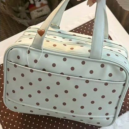 Borsa per il trucco con grandi pois 💙 – Organizer per cosmetici in pelle PU, scomparti intelligenti, manico da trasporto, ideale per i viaggi e l'uso quotidiano