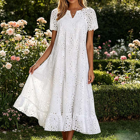 💥LAST DAY SALE 50%OFF💥Women's Eyelet Lace A-Line Dress with Pockets 👗 – Cotton Blend, Machine Washable, Solid Colours, Sizes S-2XL