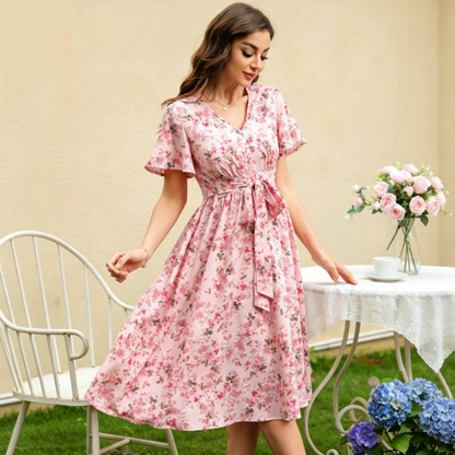 Women’s Floral Print Tie-Waist Ruffle Sleeve Dress
