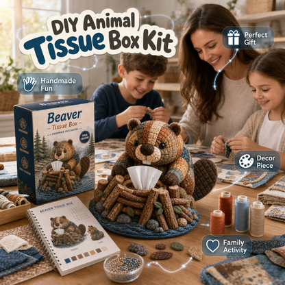 Kit fai da te con materiali per realizzare graziosi animaletti da mettere nella scatola dei fazzoletti