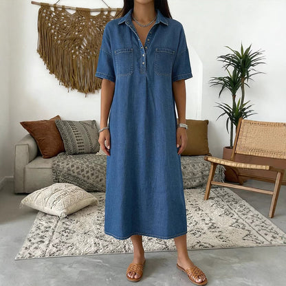 👗🔥 -50%! Abito-camicia midi da donna in denim con tasche – Tessuto strutturato che non si appiccica, taglio oversize che valorizza tutte le silhouette, maniche corte, eleganza per tutti i giorni, leggero e traspirante ✨