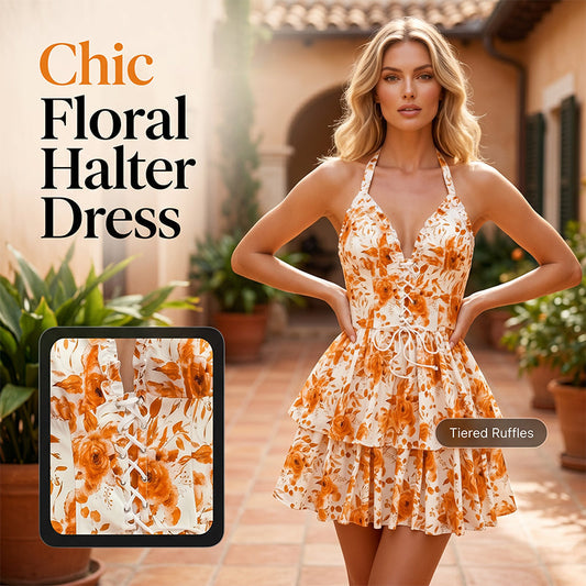👗🌸 LIMITED-TIME 60% OFF! Women’s Halter Tie-Neck Printed Mini Dress – Lace-Up Front, Smocked Back & Tiered Ruffle Skirt ✨