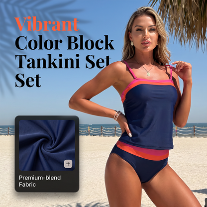 ⏳Summer Day Special Price:£13.99!!!🩱Women Two-Piece Tankini Color Block Conservative Swimsuit Set
